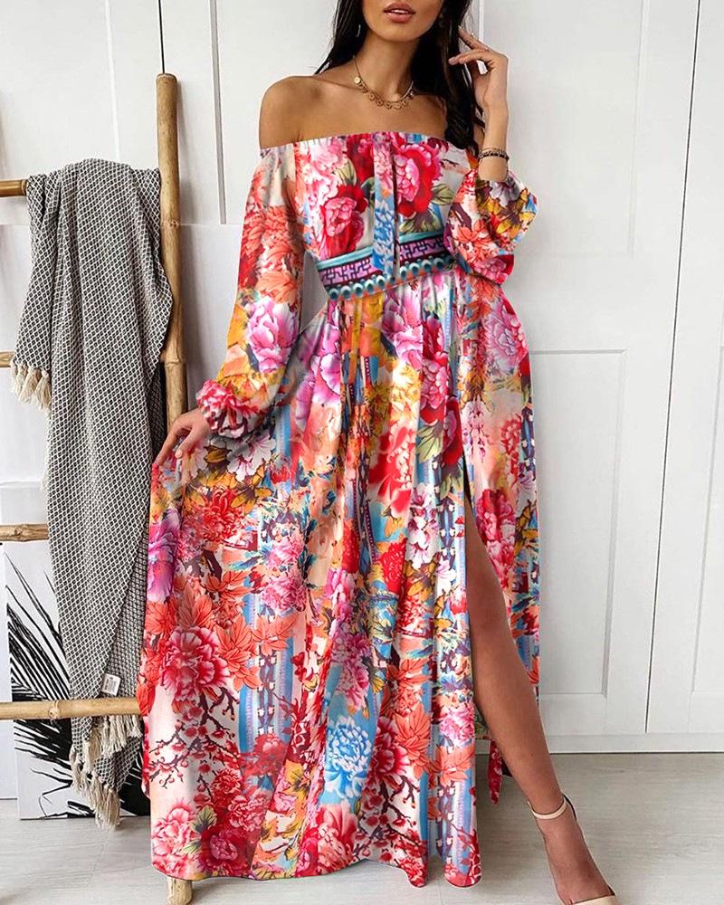 2025 V-Neck Retro Long Sleeve Printed Evening Dress - Spring/Summer Collection