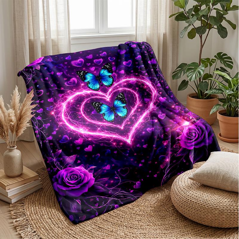 Purple Heart with Blue Butterflies Theme blanket Lightweight Warm Flannel Blanket Decorative Throw Blanket for Home Decoration
