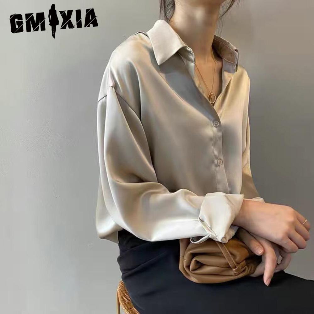 GMXIA Женские модные повседневные однотонные блузки и рубашки-поло с длинным рукавом с принтом