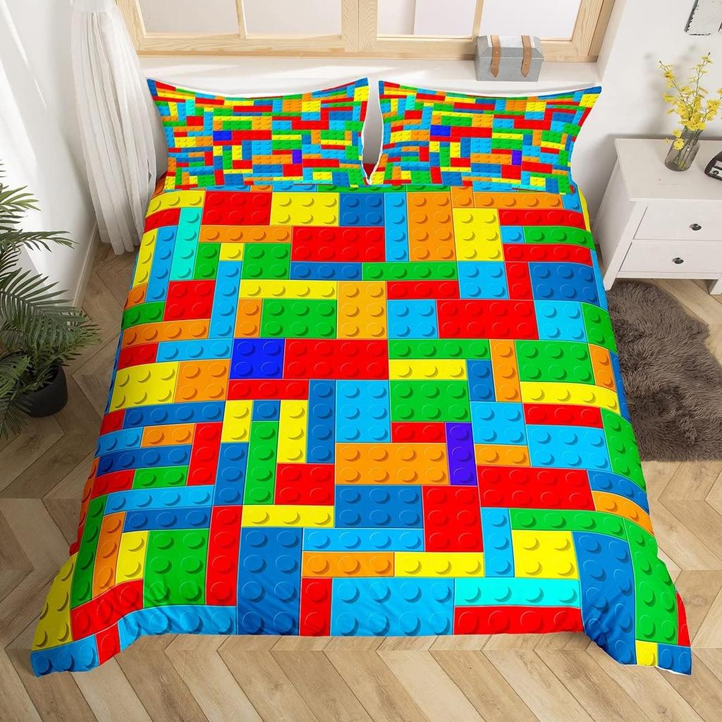 Building Block Duvet Cover Single Queen Bedding Set Colorful Toy Cubes Blocks Printed Soft Microfiber Quilt Cover for Teen Girls