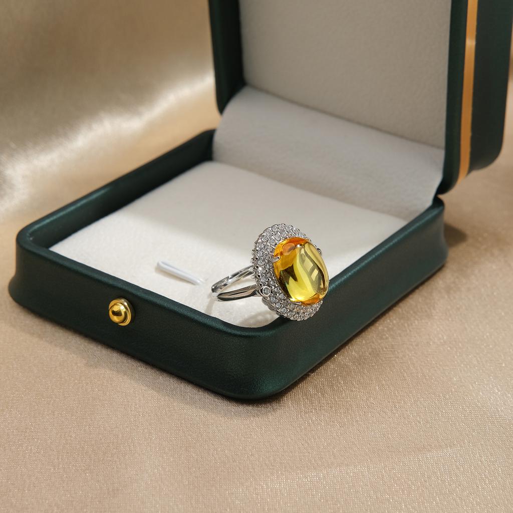 925 Sterling Silver Vintage Yellow Round Zircon Adjustable Ring Wedding Anniversary Party Gift