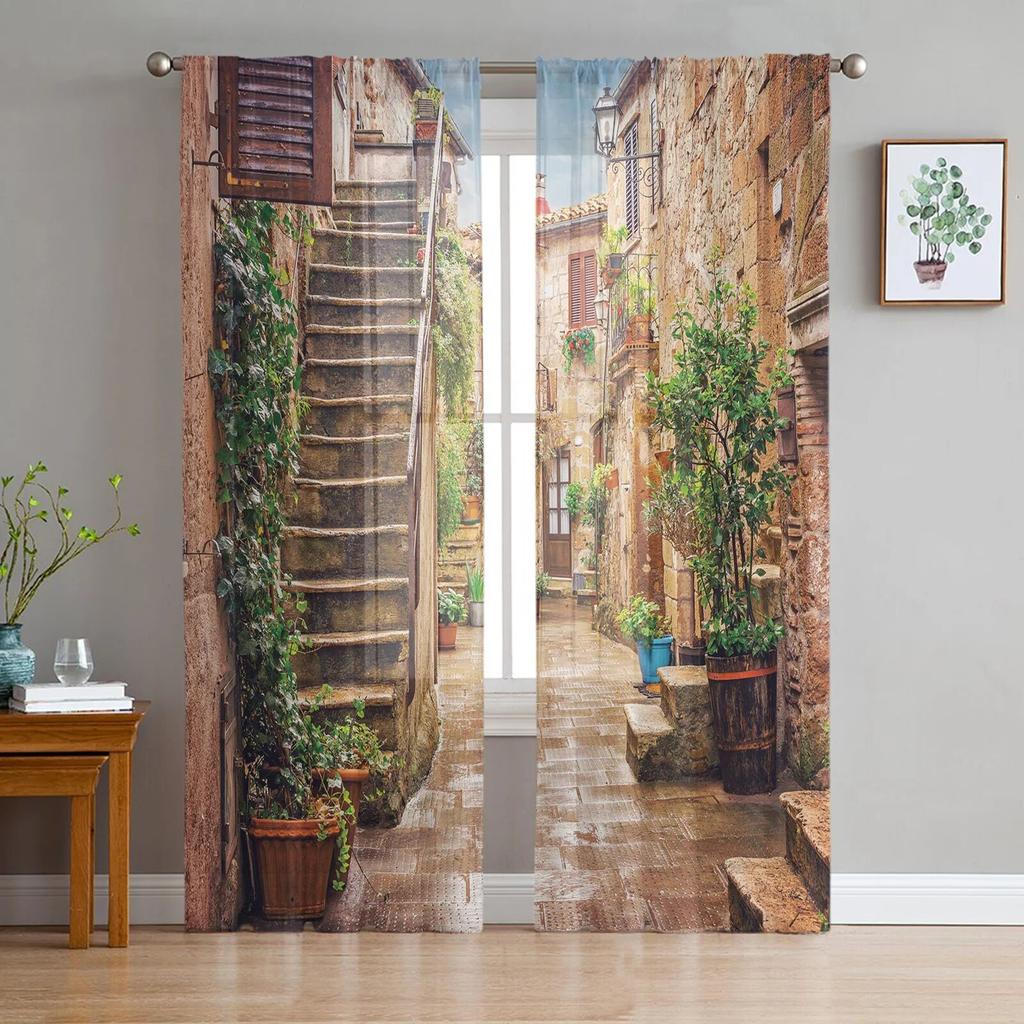 Italian Town Street Sheer Curtains for Living Room Transparent Tulle Window Treatments Bedroom Kitchen Home Decor Veil Drapes