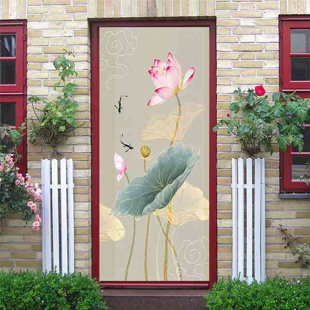 Картина маслом, наклейки на дверь, цветок, простые абстрактные линии, бамбуковые обои на холодильник для гостиной, домашний декор, художественная наклейка для спальни