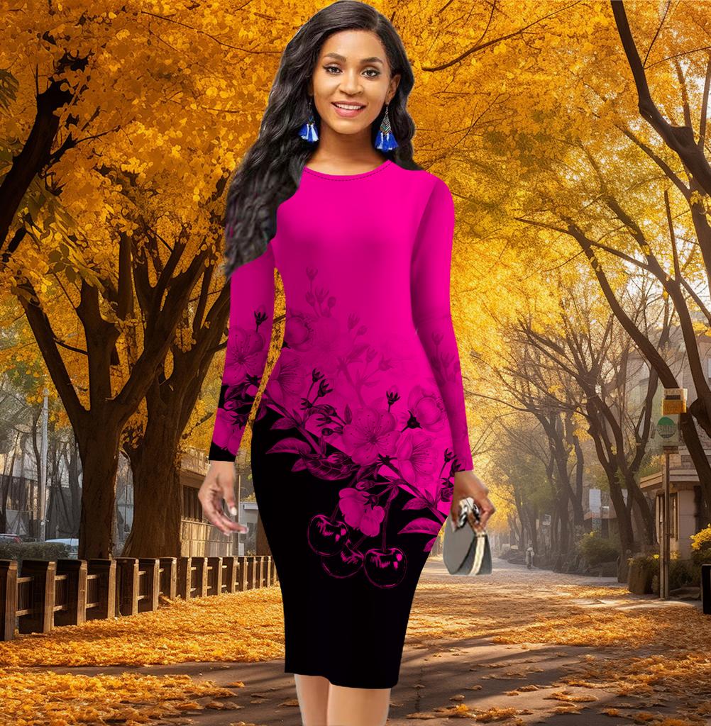 Long Sleeve Waist Tight Office Slim Fit Color Blocking Peach Blossom Printing Elegant Bodycon Dress
