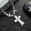 Hiphop Punk Silver Color Cross Pendant Necklace for Women Gothic Irregular Transparent Crystal Bead Necklace Street Jewelry Gift