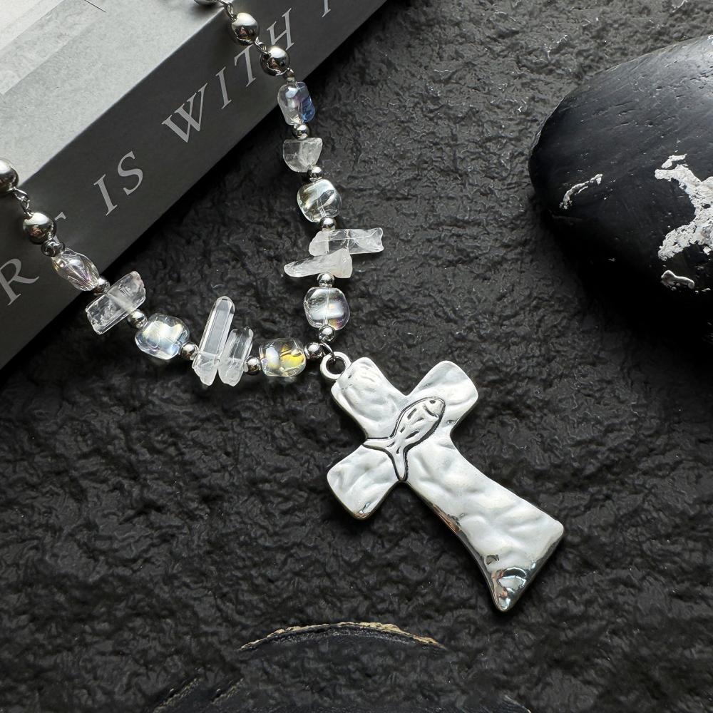 Hiphop Punk Silver Color Cross Pendant Necklace for Women Gothic Irregular Transparent Crystal Bead Necklace Street Jewelry Gift