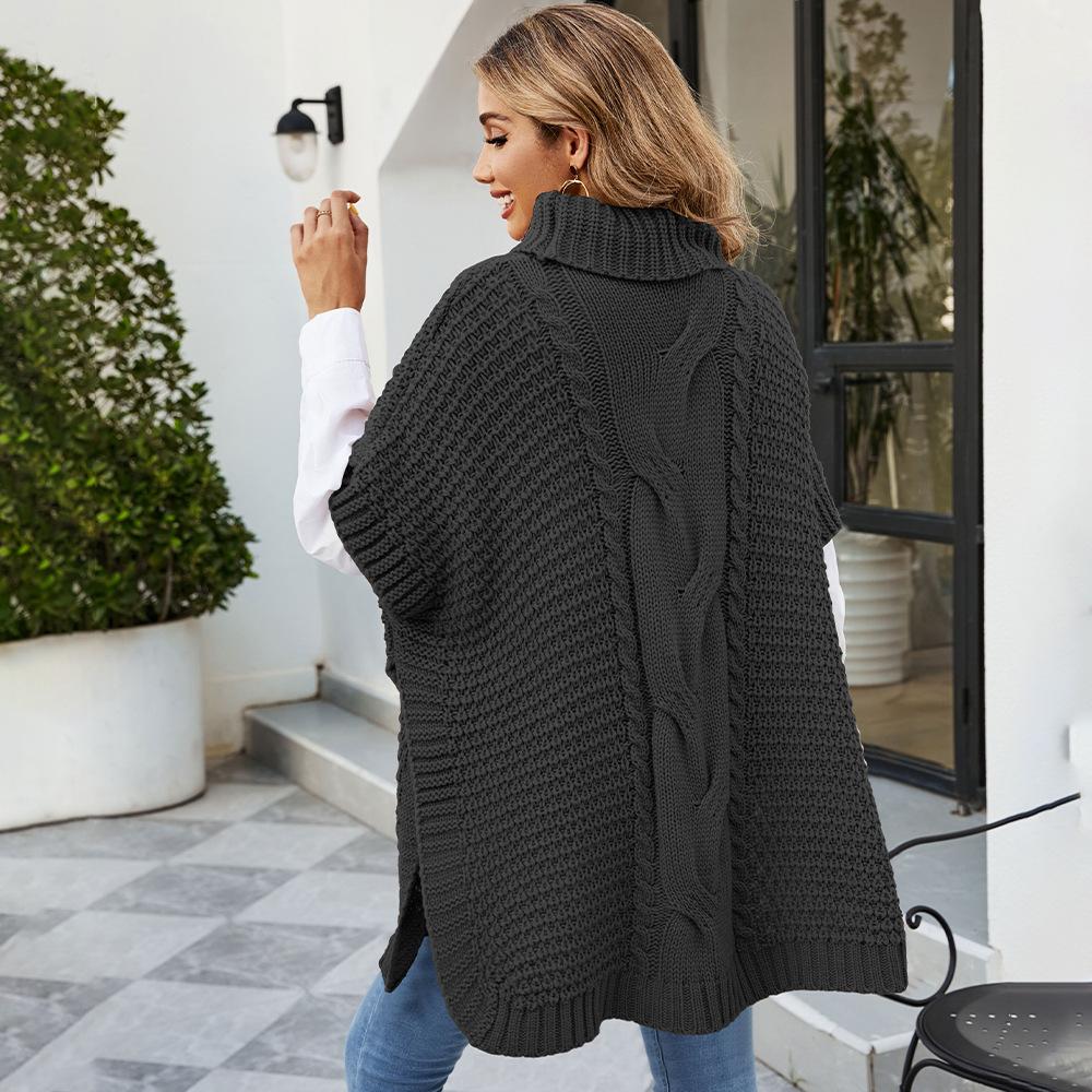 High Neck Knitted Shawl Crochet Fried Dough Twists Pattern Women's Loose Pullover Half Sleeved Sweater Casual Thick Warm Knitwear Autumn and Winter