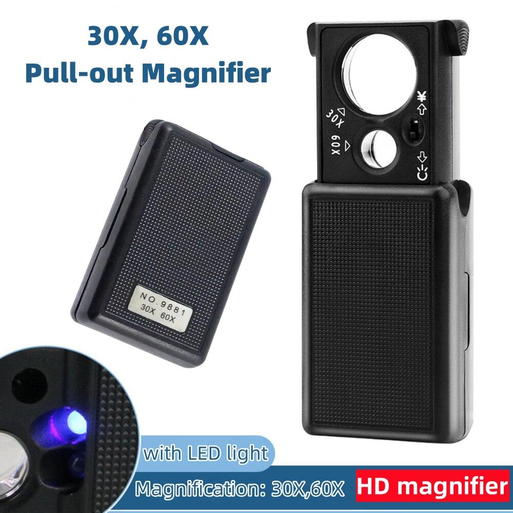 Увеличительное стекло для ювелирных изделий 30X 60X Мини светодиодное увеличительное стекло Инструмент Ручная лупа УФ-детектор для валюты