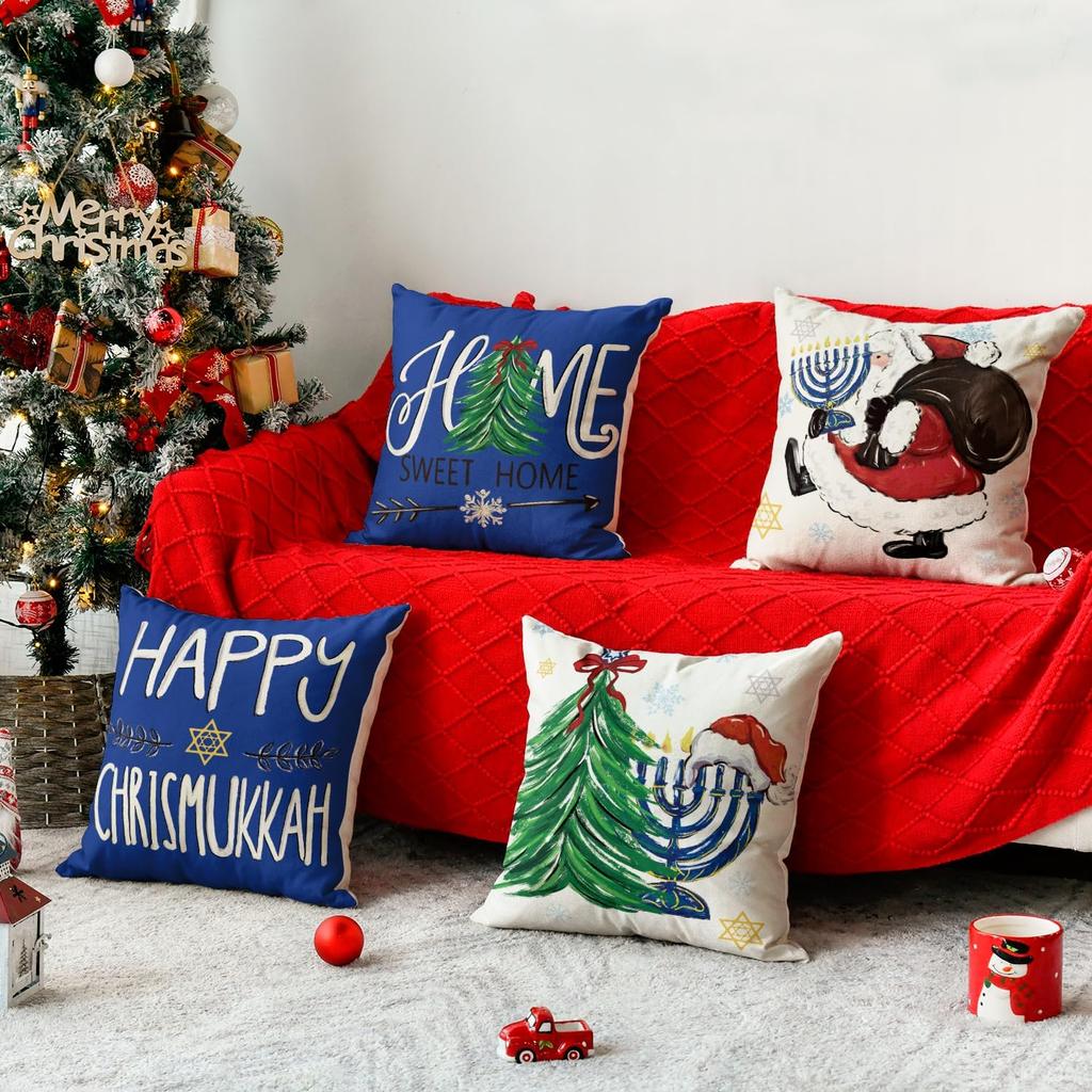 AVOIN colorlife Happy Chrismukkah Santa Menorah Light Home Sweet Home Throw Pillow Covers, 18 x 18 Inch Holiday Hanukkah Tree Star of David Cushion