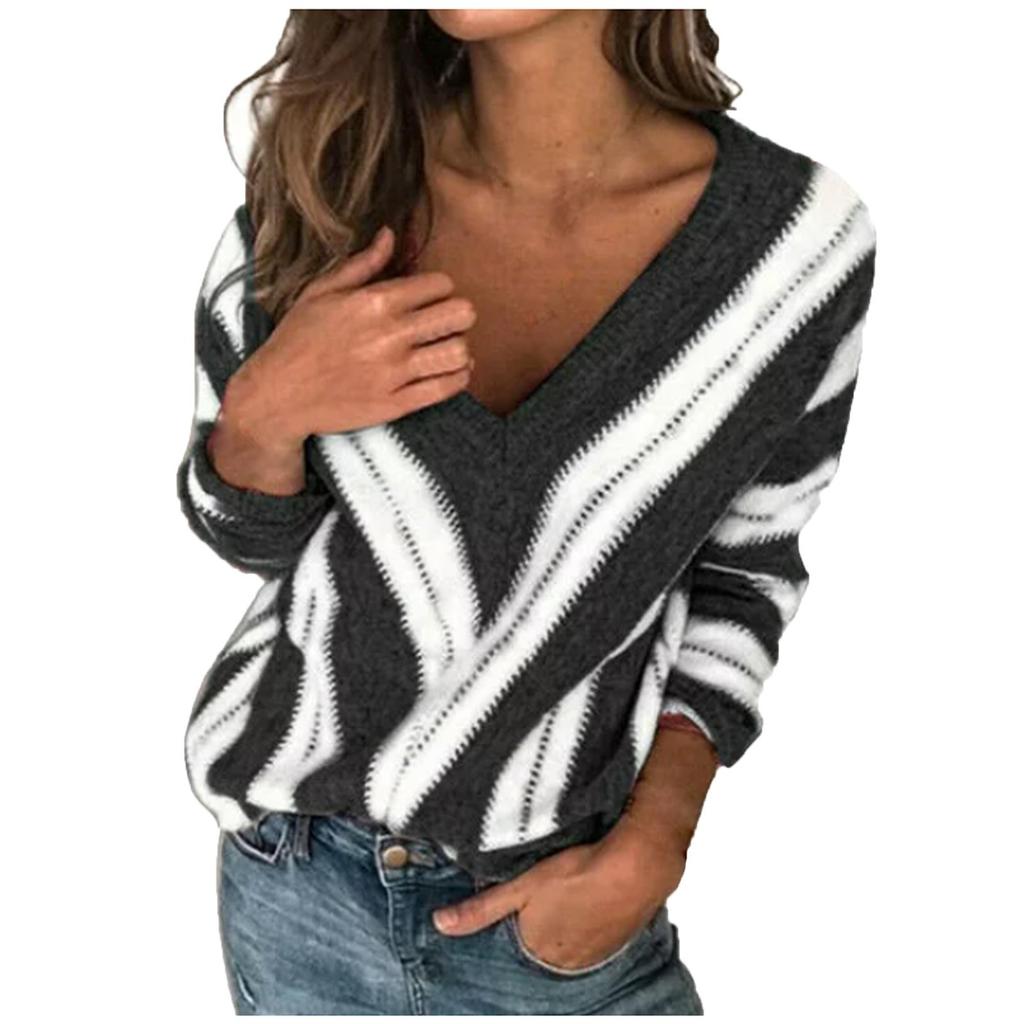 Женский модный свитер с V-образным вырезом и длинными рукавами в полоску, повседневный пуловер