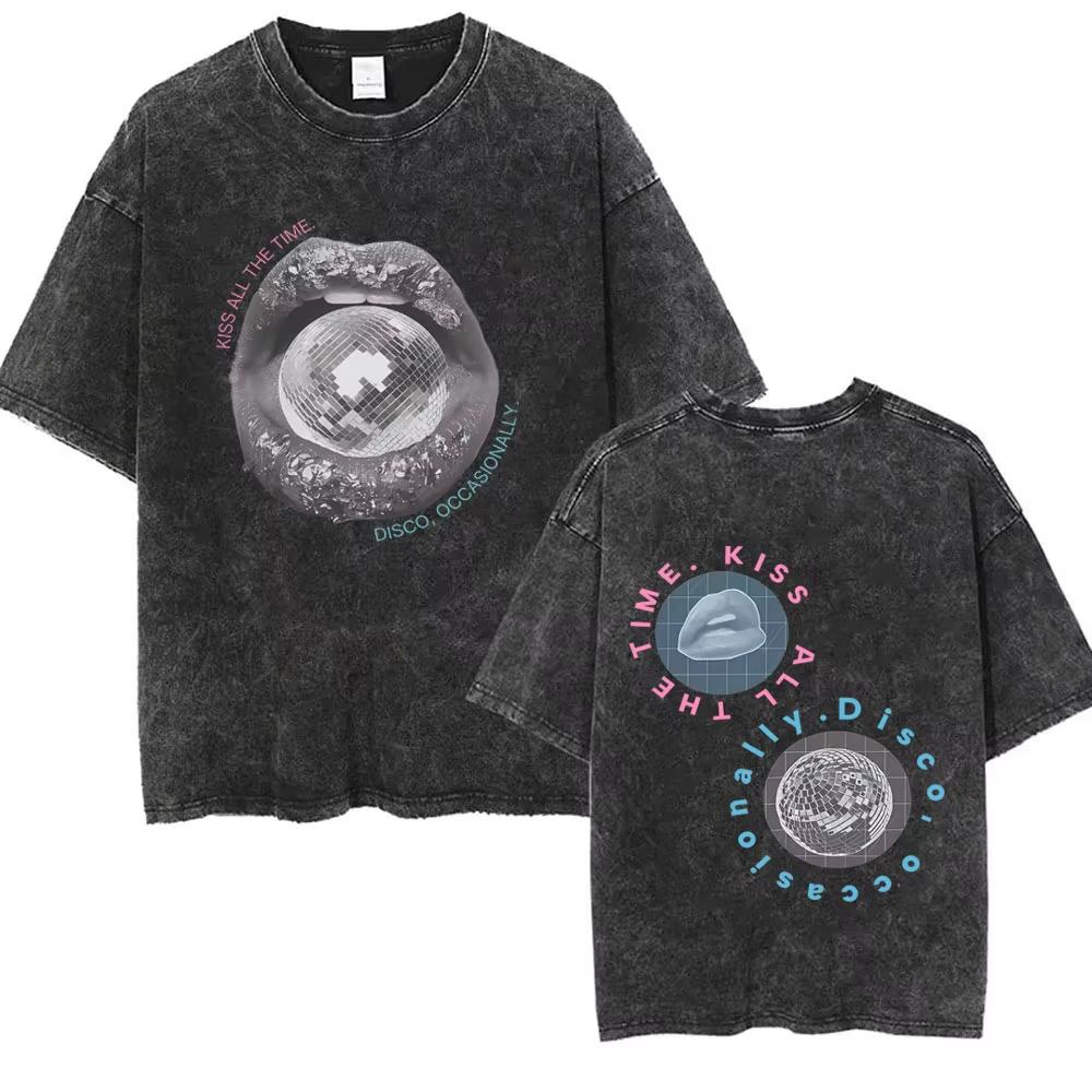 Kiss All The Time Disco Occasionally Washed Vintage T-shirts Fans Gift Men Women Fashion Pop Music Streetwear Male Oversized Tee