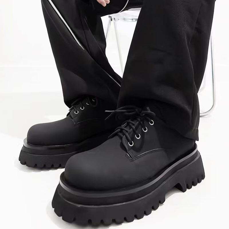 Round Toe Lace-Up Derby Shoes Women/men 2025 Spring New Casual Black Heightening Leather Shoes Platform Microfiber Leather Shoes