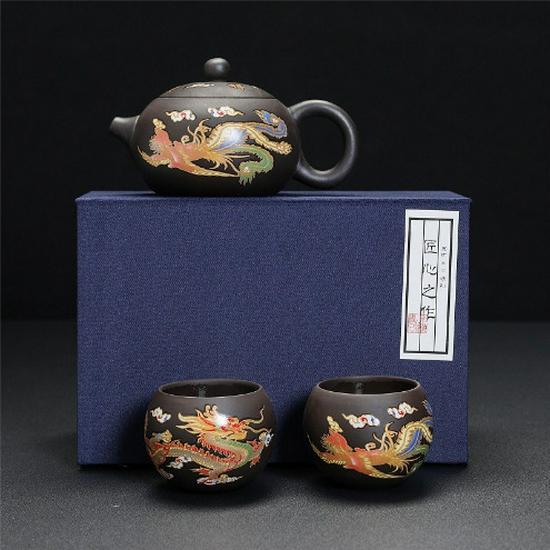 Термочувствительный меняющий цвет чайник из цзыша с изображением Дракона и Феникса и носиком в виде птицы, издающим звук