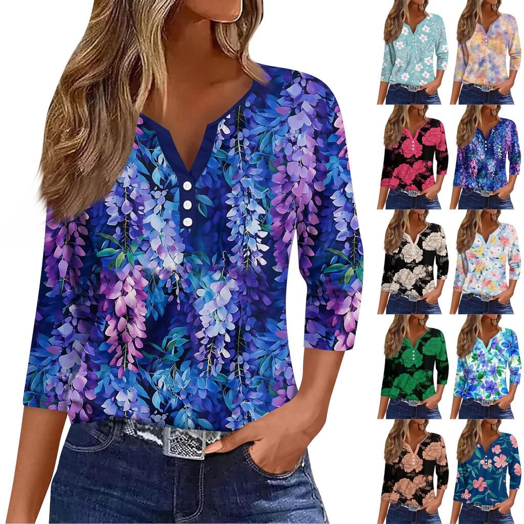 3/4 Length Sleeve Womens Tops Print Vintage Fashion Casual Loose With V Neck Plus Size Shirts Tops