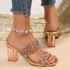 Gold Silver Sequins High Heels Sandals Women Summer Fashion Square Toe Transparent Heel Slippers Woman Bling Banquet Party Shoes