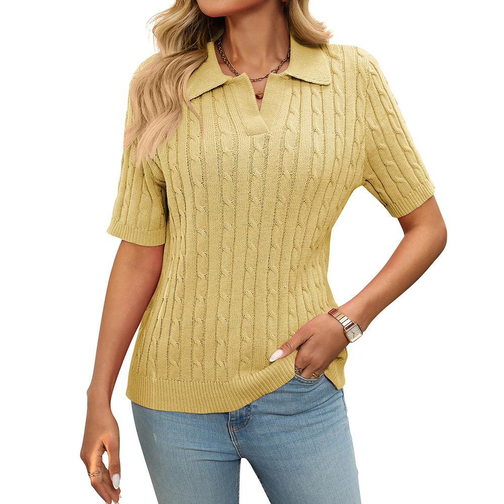 Spring and Summer Short Sleeved Lapel V-neck Pullover Cable Knit Women's Sweaters