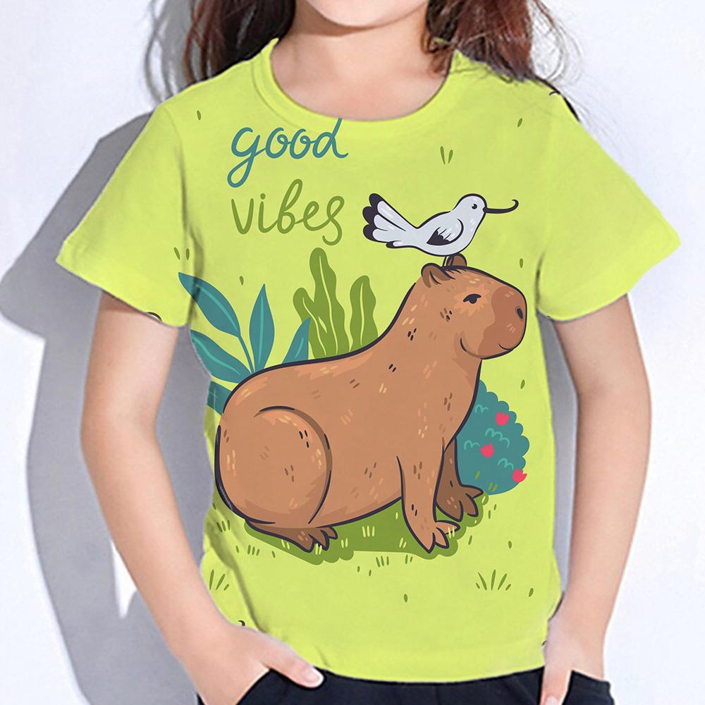 Детская одежда с принтом капибары, футболка для девочек с коротким рукавом, летняя одежда для детей с героями мультфильмов, повседневная одежда для девочек на открытом воздухе, топы