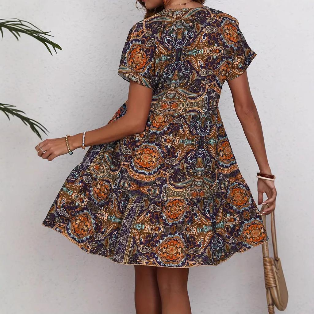 Women Summer Short Sleeve V Neck Retro Printed Holiday Beach One Piece Dress