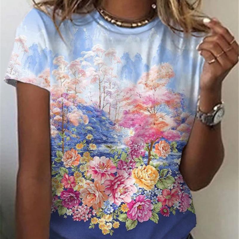 2023 New Women's Summer Short Sleeve T-shirt 3D Floral Print Round Neck Loose Casual Style T-shirt