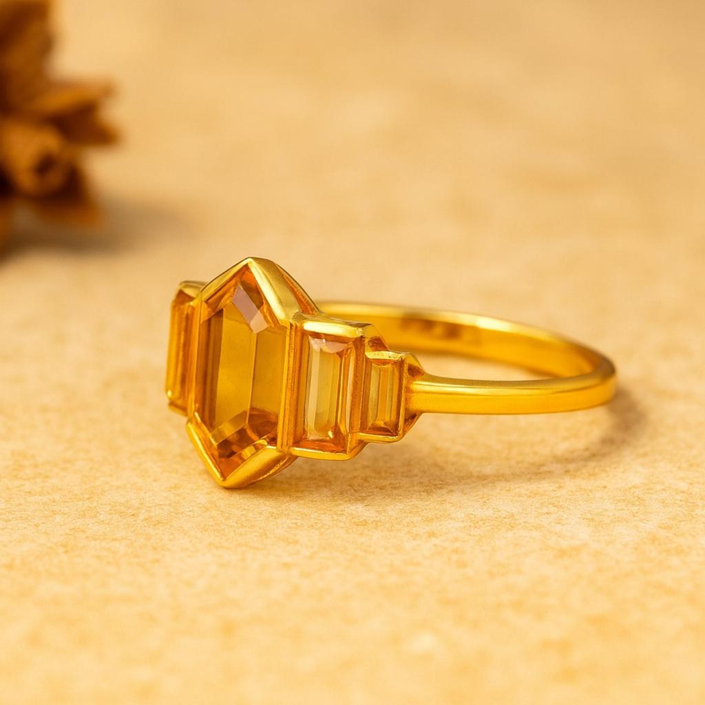 Hexagon and Baguette Citrine Ring – Art Deco Yellow Gemstone Ring - Gold Plated 925 Sterling Silver Jewelry Gift