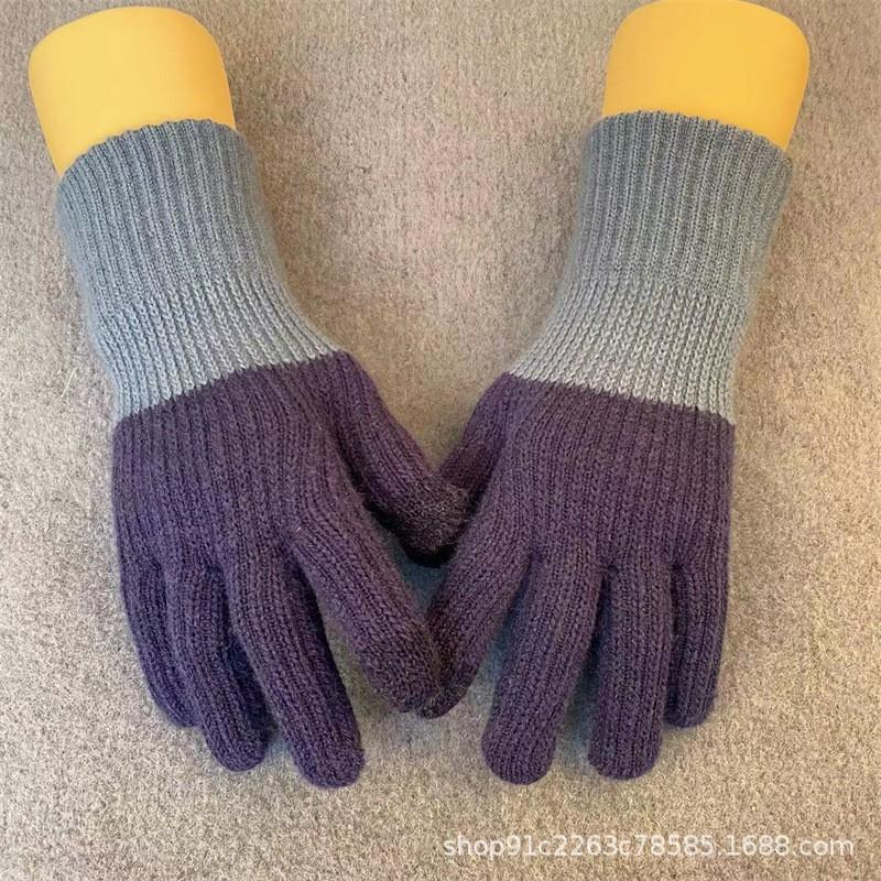 Warm Knitted Touchscreen Gloves Winter Thick Fleece Lined Color Block Design Unisex Full Finger