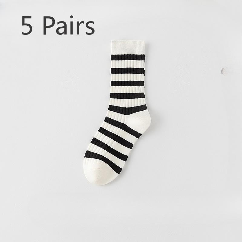 5 Pairs of Female Spring and Autumn Black and White Striped Cotton Anti Beriberi Deodorant Tube Socks