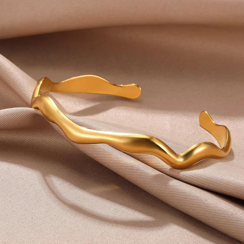 Stainless Steel Wave Open Bangle Bracelets for Women Fashion Gold Color Irregular Cuff Bangles Trendy Aesthetic Jewelry Gift