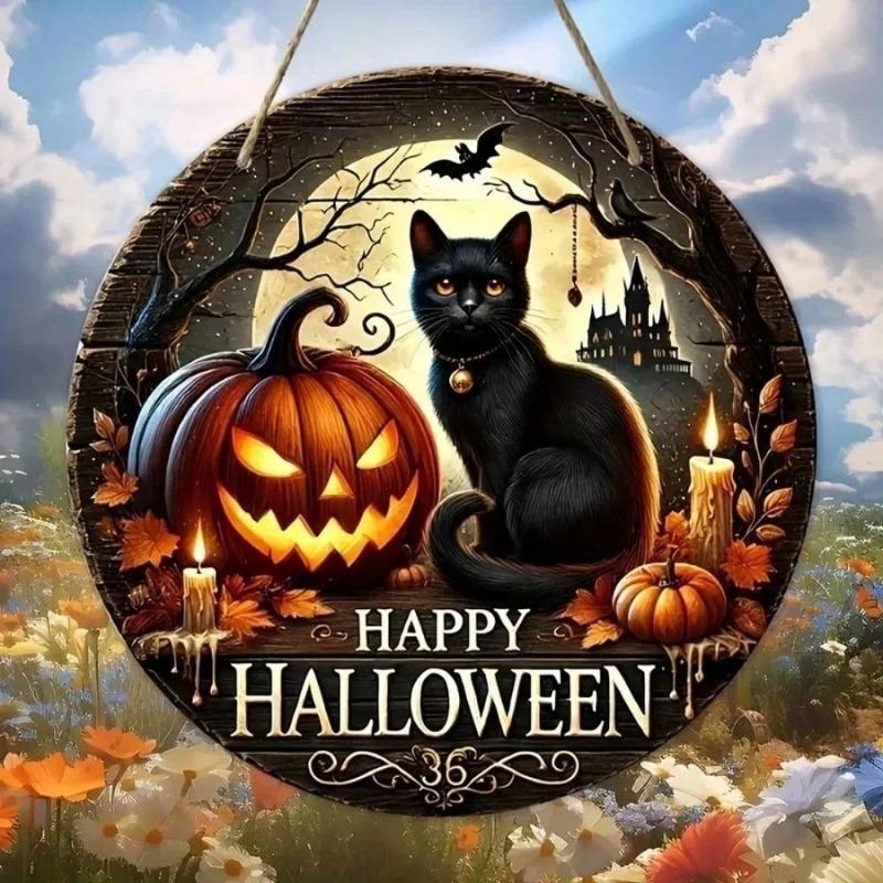 Witch Broom Halloween Sign, Round Aluminum Wall Plaque 20x20cm