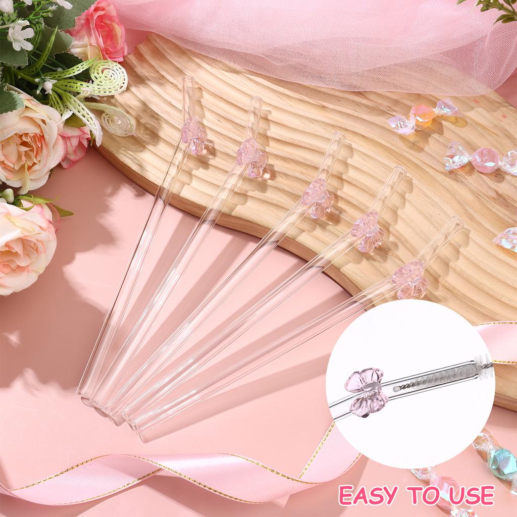 12 Pieces Reusable Glass Straws With Pink Bow Eco-Friendly Glass Straws Shatter Resistant Cute Bend Drinking Straws With 2 Clean