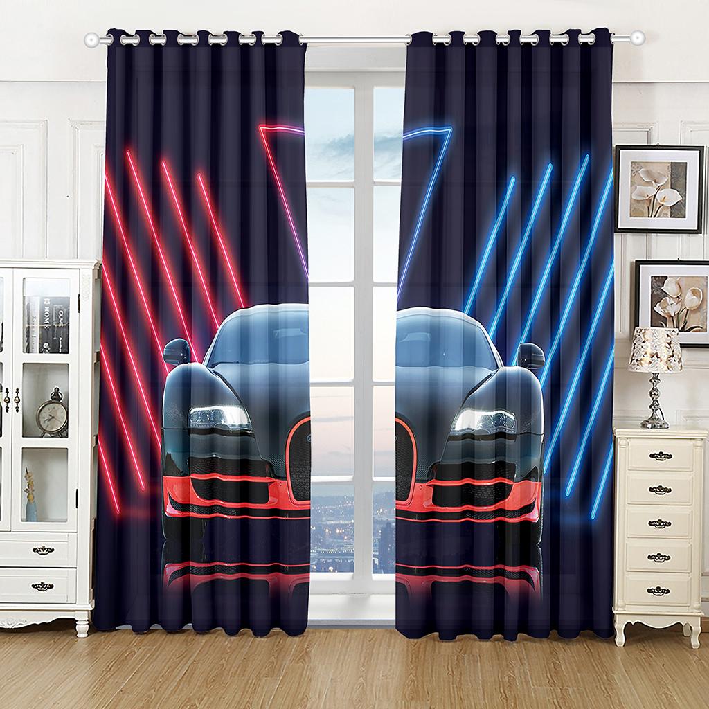 3D Sports Racing Car Printed Window Curtains for Boys Men Adults Scenery Living Room Bedroom Kitchen Semi-Blackout Curtain Drape