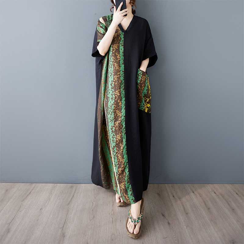 Летнее тонкое хлопково-льняное платье с V-образным вырезом и короткими рукавами для женщин