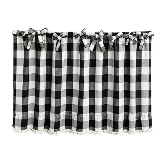 Kitchen Window Curtains Buffalo Check Valance, Ruffled Valance Curtain with Lace Trim And Bows, Polyester Cotton Light Filtering Rod Pocket for Living