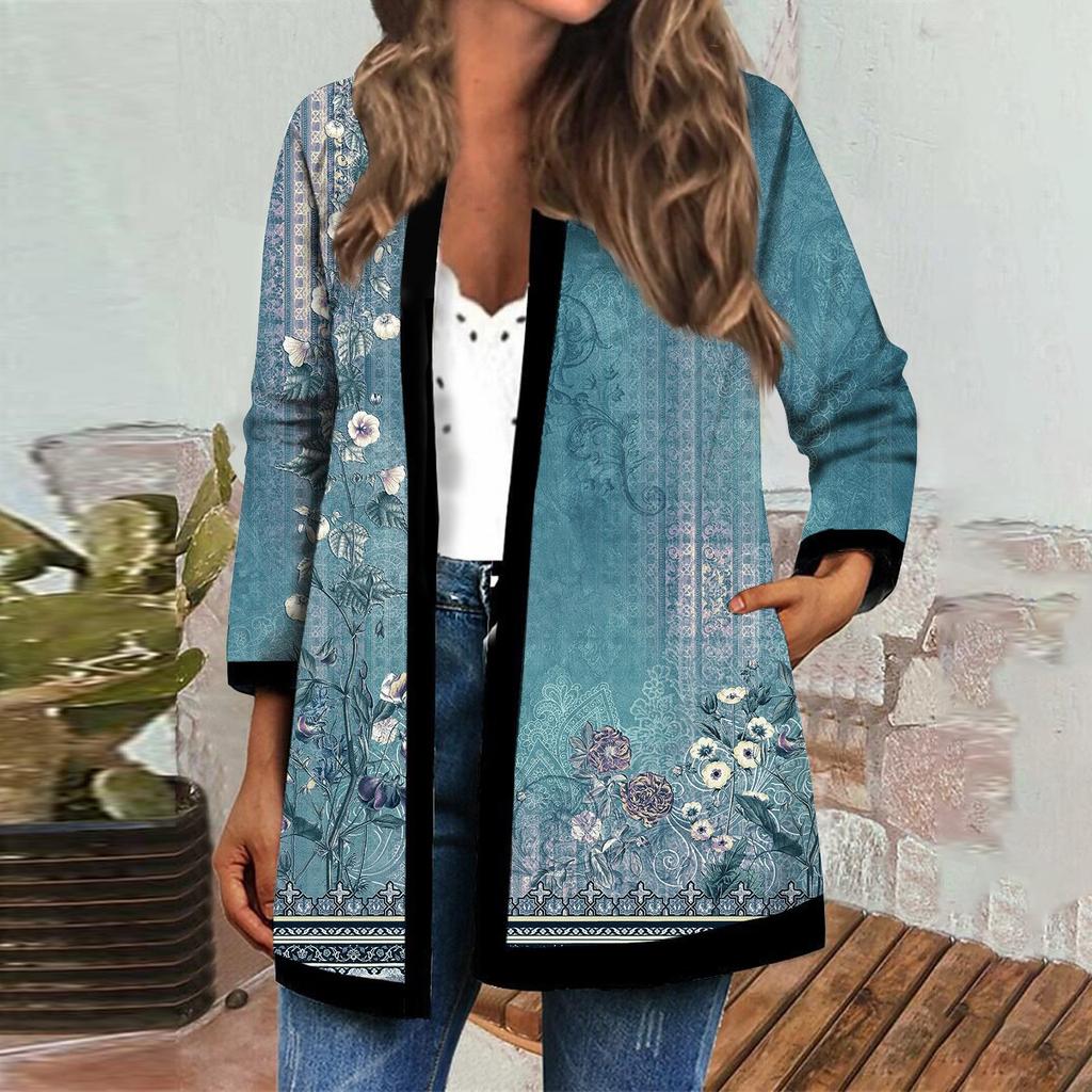 Women's Fall And Winter Fashion Casual Printed Long Sleeve Mid-Length Cardigan Jacket
