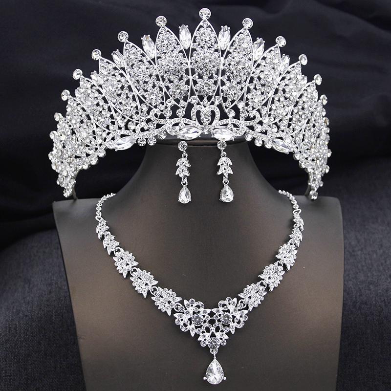 Royal Queen Champagne Tiaras and Crowns Bridal Jewelry Sets for Women Wedding Crown and Necklace Earrings Tiara Set Accessories