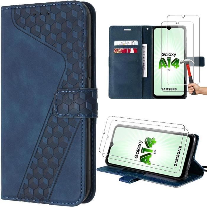 Coque de protection - BOOLING - pour Samsung Galaxy A14 5G - Cuir PU - Fentes pour cartes - 2 Verres Trempés