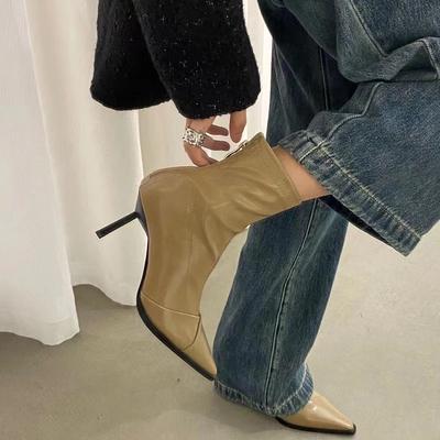 Ботильоны на высоком каблуке с острым носком осенне-зимние на тонком каблуке с комбинированным верхом, ботильоны, ретро белые ботильоны