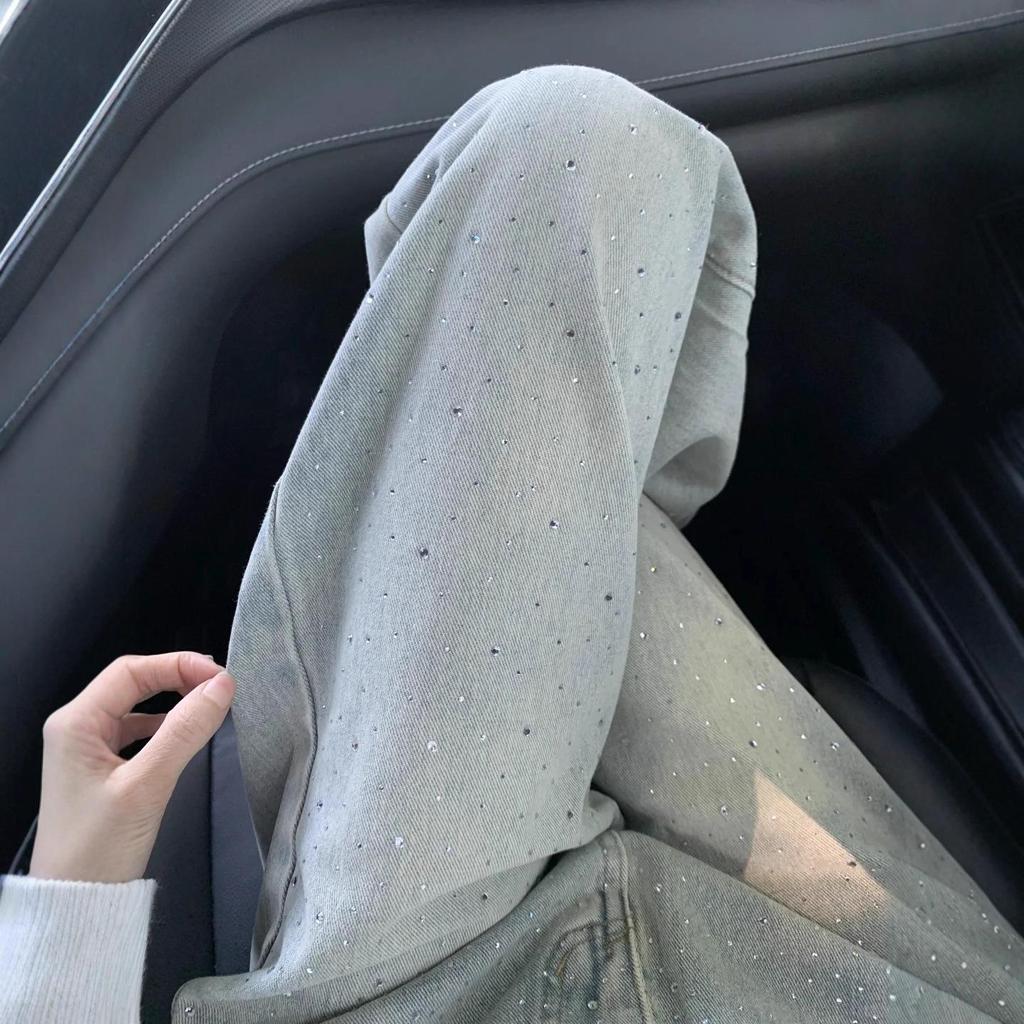 Women's Light Blue Slimming Wide-Leg Jeans with Hot Drill Design - Autumn 2025 Collection