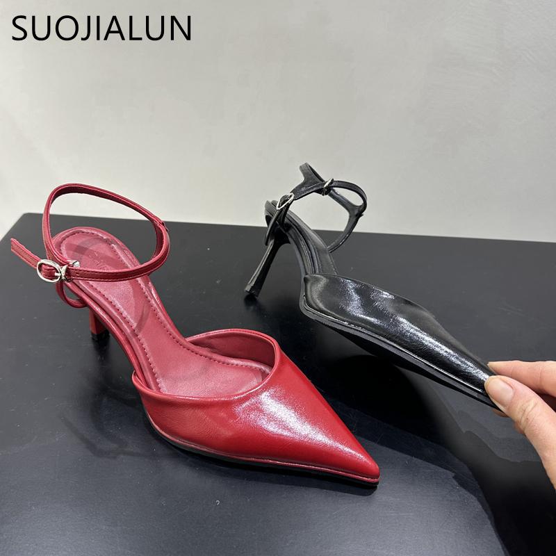 Мода SUOJIALUN 2025 Весна Новый Бренд Женские Сандалии Мода Красный Острый Носок Женские Элегантные Туфли Слингбэки Тонкий Высокий Каблук Платье Туфли-лодочки