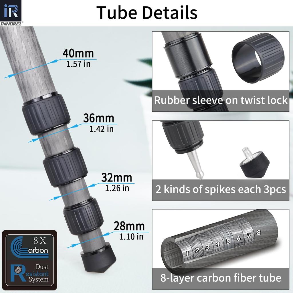 INNOREL Carbon Fiber Tripod for 40mm Pipe Nut 30kg Load Pipe Bowl for Digital Mirrorless Sports Outdoor Quick with Bag Cameras, Diameter, Locking,