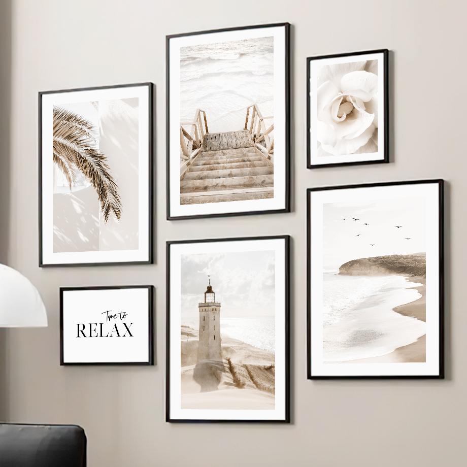 Beige Flower Palm Leaf Beach Lighthouse Wall Art Canvas Painting Nordic Posters And Prints Wall Pictures For Living Room Decor