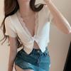 Women Hollow Out Front Split Hem V-Neck T-Shirts Knitted Short Sleeve Crop Tops Cardigan Tees Summer Casual Lady Plain Clothes