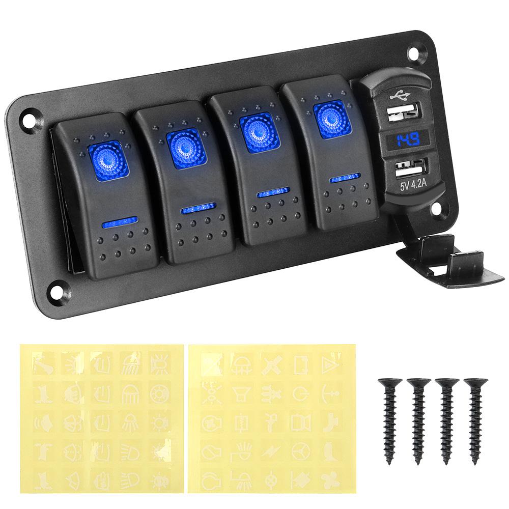 24V 12V Switch Panel 4 Buttons Light Toggle USB Chargers 3.0 Adapter Voltmeter Tester Accessories For Car Marine Boat Caravan RV