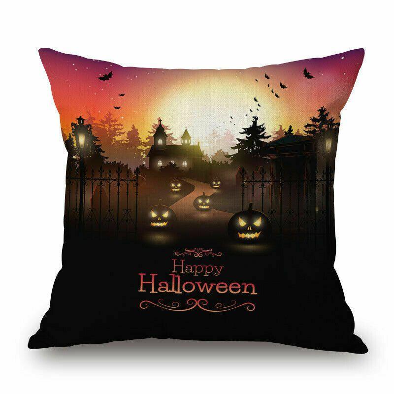 Праздничная льняная наволочка с рисунком тыкв на Хэллоуин для декора дивана или кресла