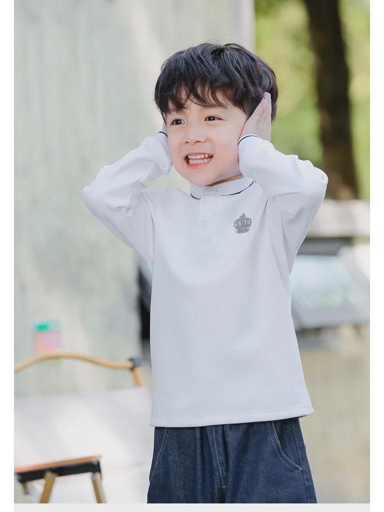 Boys' Long-Sleeve Velvet Polo Shirt - White School Uniform for Older Children In Winter