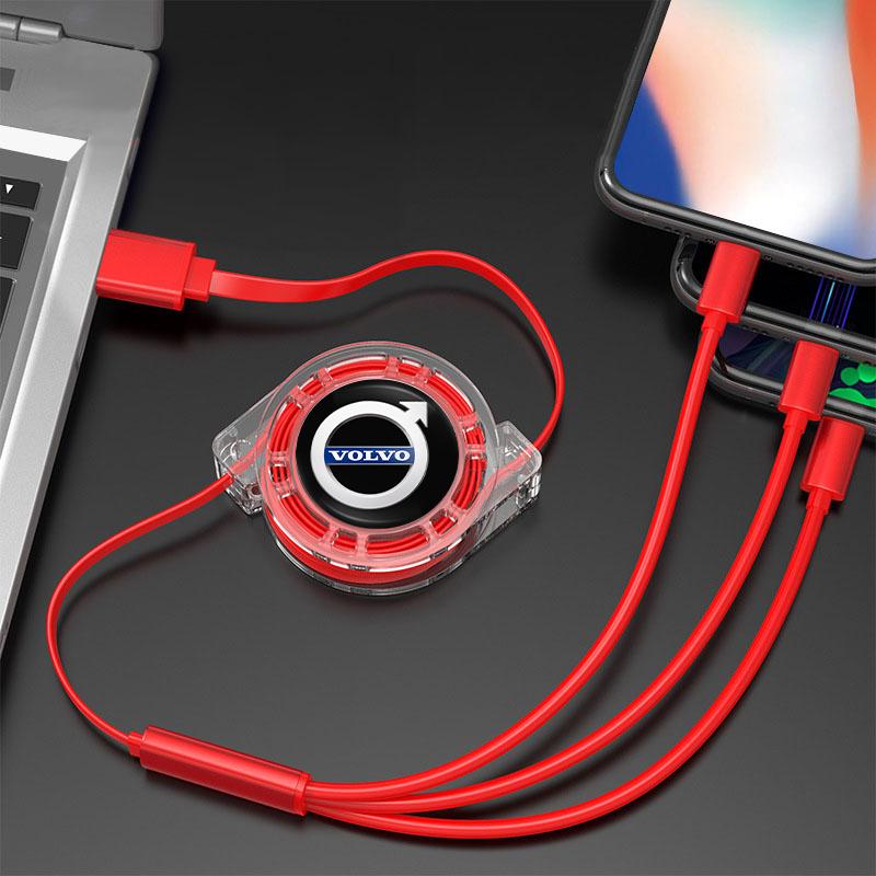 Автомобильный телескопический 3-в-1 USB Type C зарядный кабель, мультизарядное устройство для Volvo ES90 EC40 EX40 EM90 XC90 V90 V60 XC60 V40 S80 S60 S90