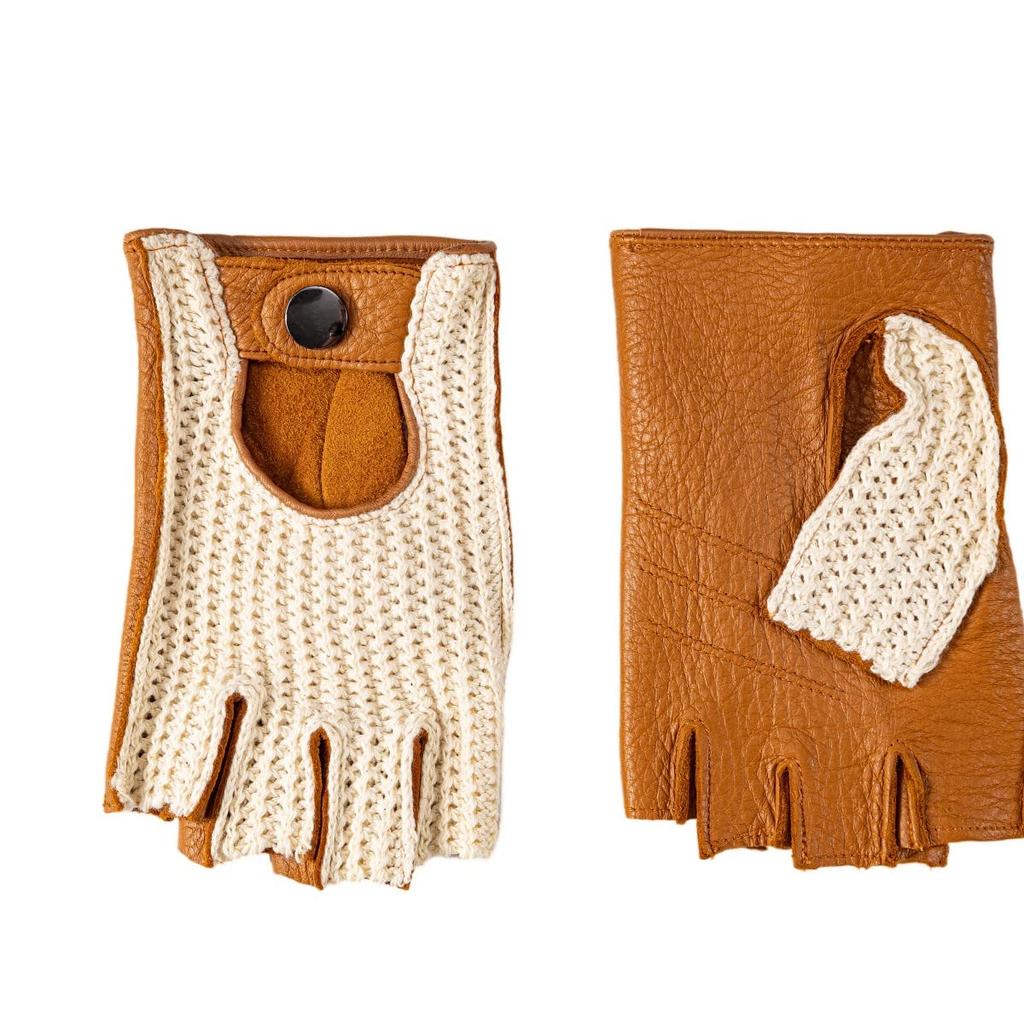 NappaNovum Deerskin Leather Crochet Driving Large Cord-Back Gloves, Camel,