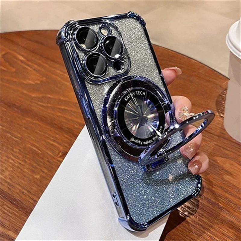 For iPhone 15 Pro Max Luxury Plating Magsafe Magnetic Stand Flash Phone Case For iPhone 11 12 13 14 15 Pro Lens Protective Cover