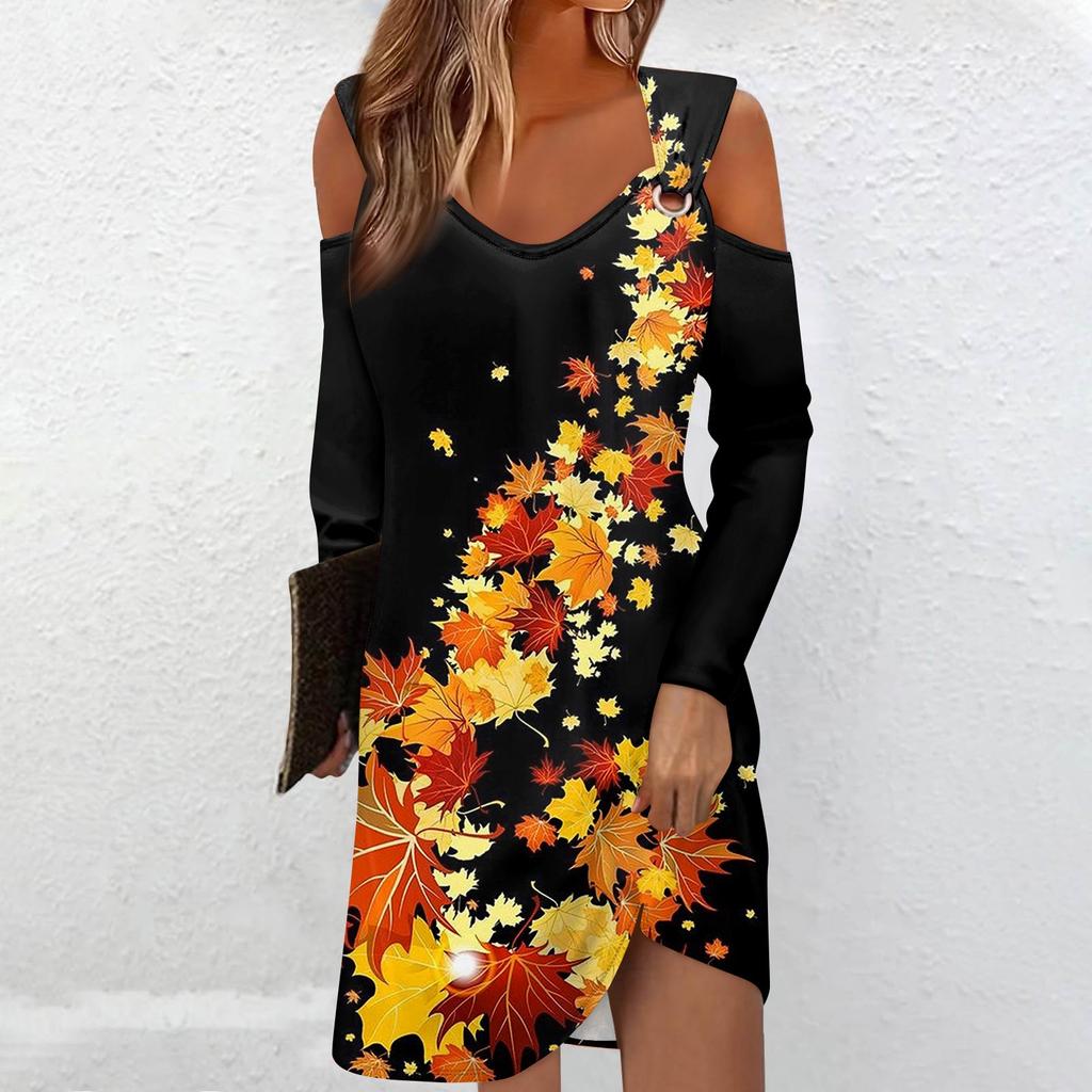 Женское повседневное длинное платье длиной до колена с v-образным вырезом и длинным рукавом с принтом, осень