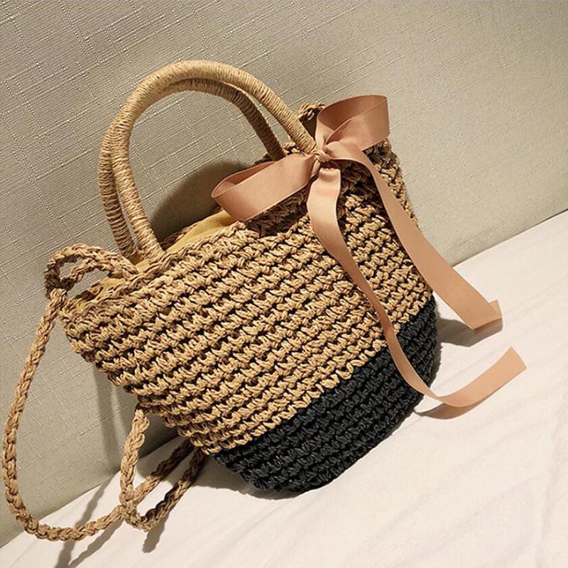New Arrive Handmade Straw Bags Ribbons Bowknot Beach Knitting Handbags Tote Shoulder Bag