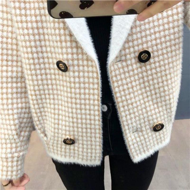 Cashmere Knitted Cardigan Coat Small Double Breasted Plaid Short Coat New Height and Thickness